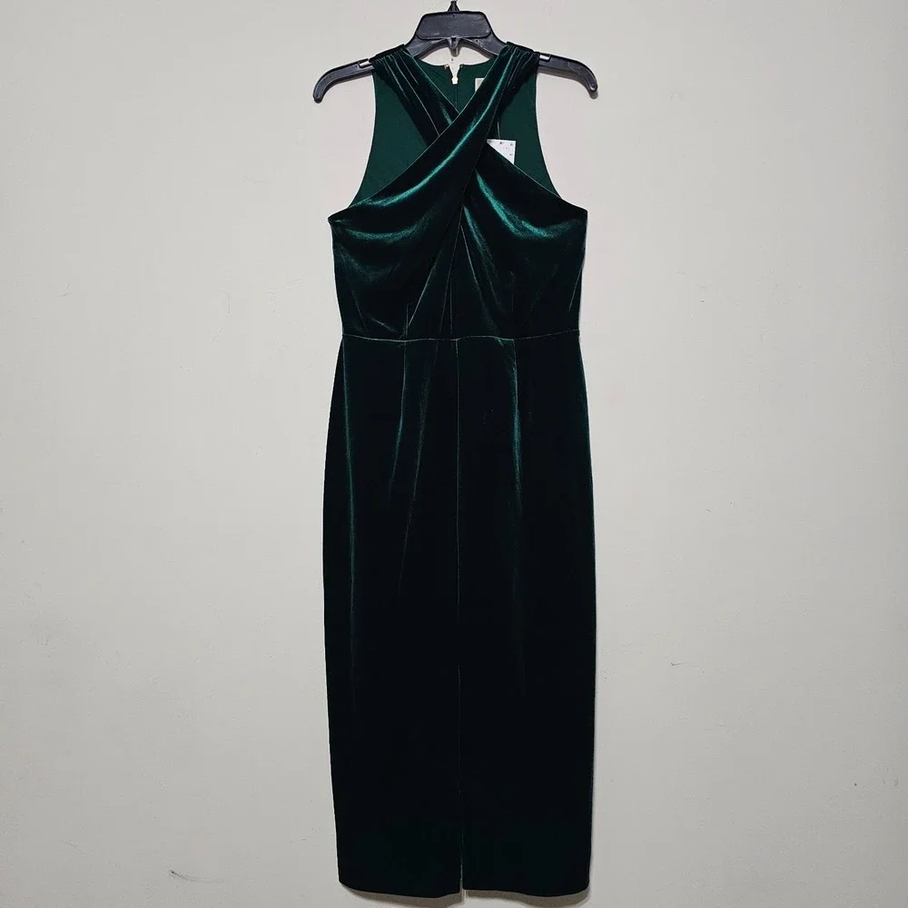 Michael Kors Dress Medium Green Midi Sleeveless Sheath Halter Front‎ Slit 1067